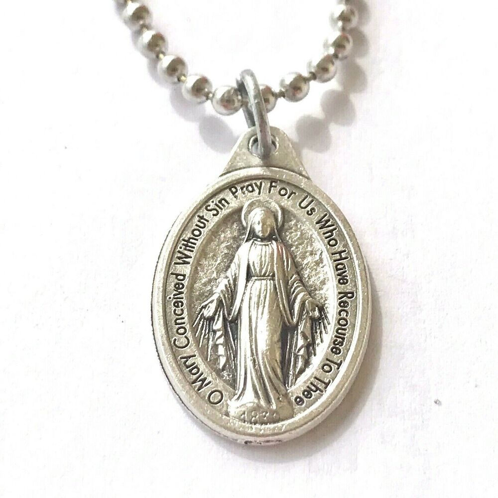Vintage Italian Silver Miraculous Medal Jesus Mary Sacred Heart Necklace 22"